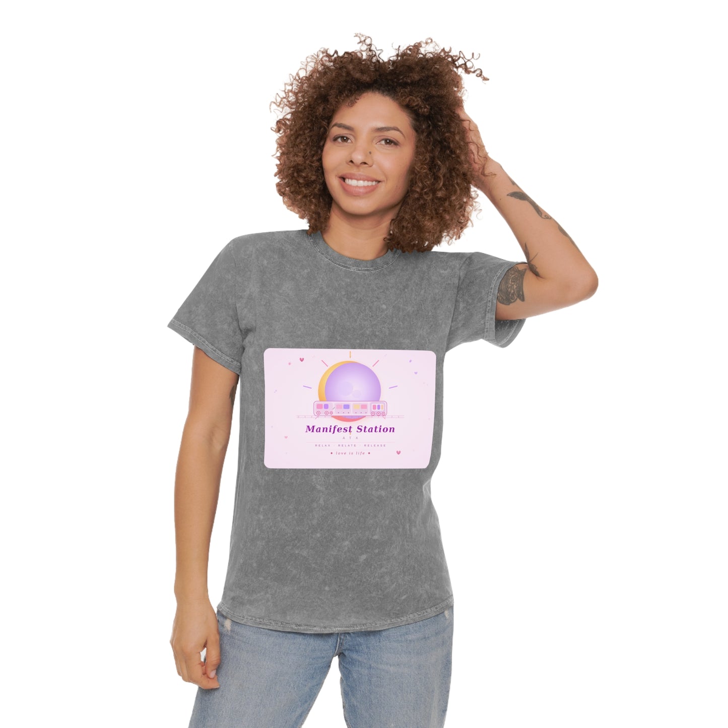 Manifest Station Mineral Wash Tee — "On My Frequency" Spiritual Graphic T-Shirt