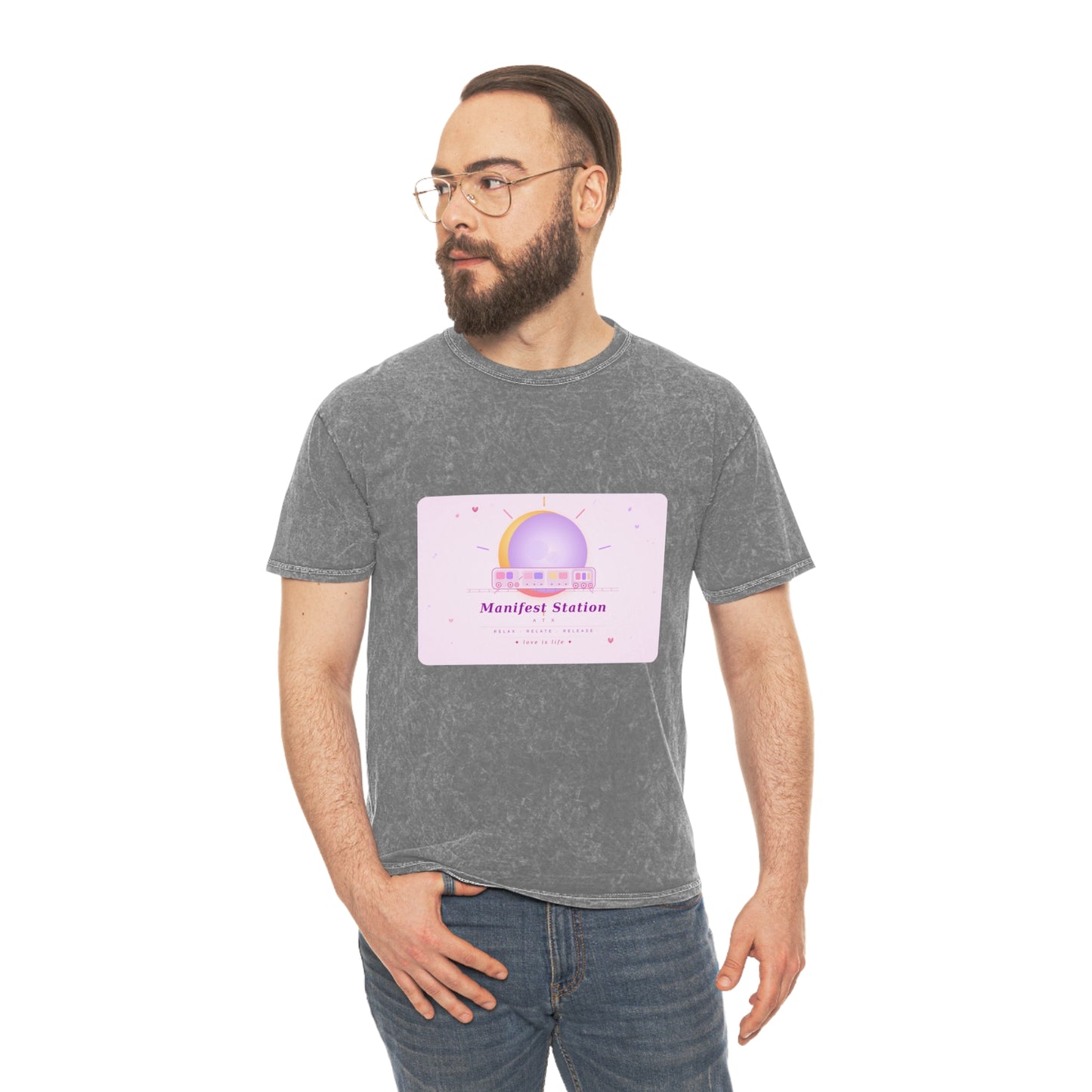Manifest Station Mineral Wash Tee — "On My Frequency" Spiritual Graphic T-Shirt