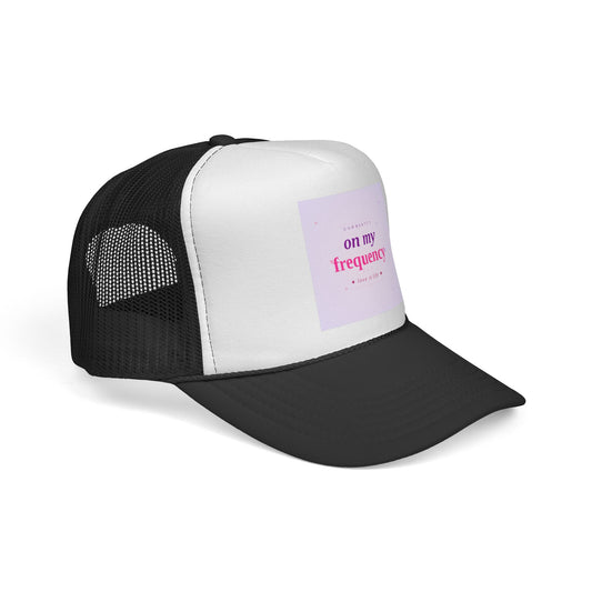 Trucker Cap — "On My Frequency" Pink Retro Graphic Mesh Hat